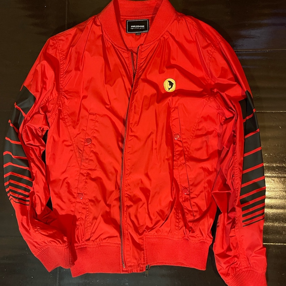 Pink Dolphin Red Bomber Jacket with Ribbed Collar and Graphics